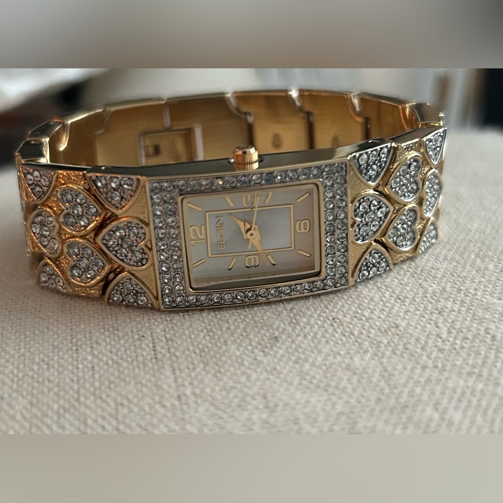 Running Elgin Ladies' Gold-Tone Crystal And Mother Of Pearl Dress Watch